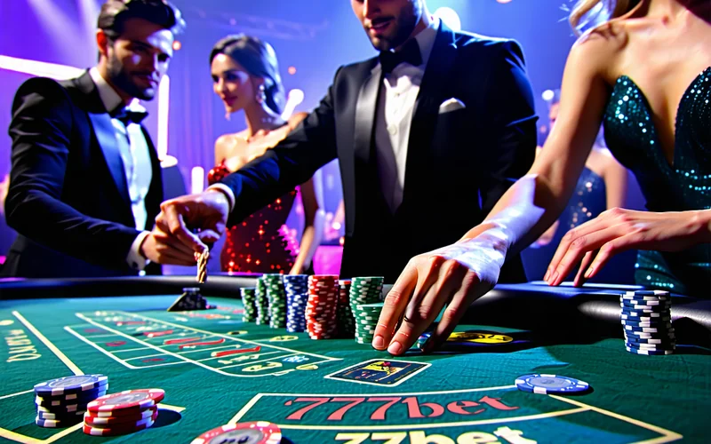 Hình ảnh một giải đấu sòng bạc trực tuyến VIP với người chơi đang tương tác với dealer chuyên nghiệp, biểu tượng 777bet nổi bật trên màn hình, thể hiện không khí sôi động và đẳng cấp