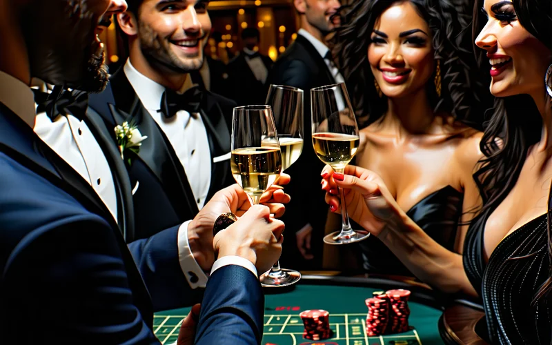 Hình ảnh một buổi tiệc VIP sang trọng với khách mời đang nâng ly champagne, logo 777bet được chiếu sáng tinh tế trên nền kiến trúc hiện đại, tạo không khí đẳng cấp và ấm cúng