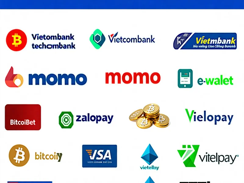 Các biểu tượng logo của ngân hàng và ví điện tử phổ biến tại Việt Nam như Vietcombank, Techcombank, Momo, ZaloPay, thể hiện sự đa dạng phương thức nạp tiền của 777bet