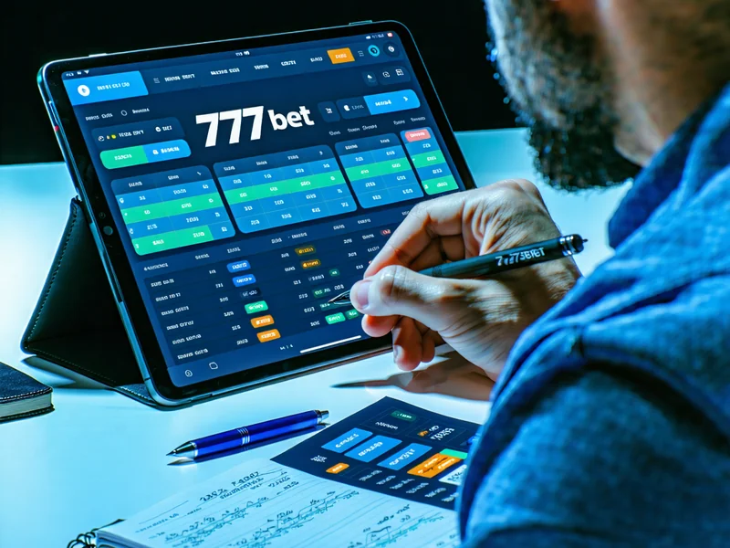 Người chơi phân tích dữ liệu và tỷ lệ cược trên máy tính bảng với logo 777bet