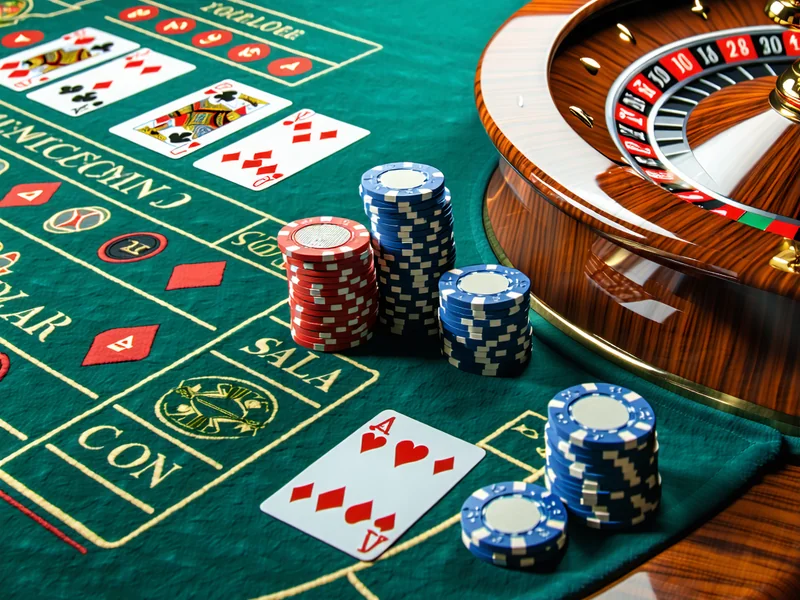 Bàn chơi casino trực tuyến với thẻ bài và chip, hiển thị lịch sử ván đấu