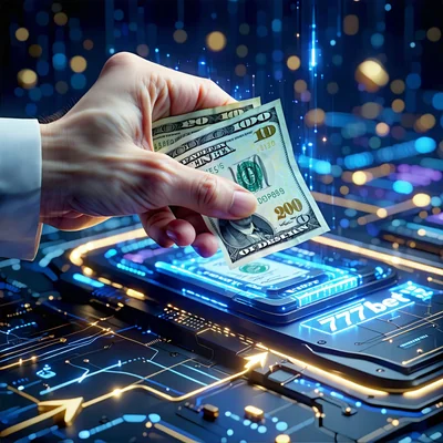 Biểu tượng thưởng nạp tiền định kỳ cho VIP tại 777bet, với hình ảnh tay cầm tiền và logo 777bet phát sáng.