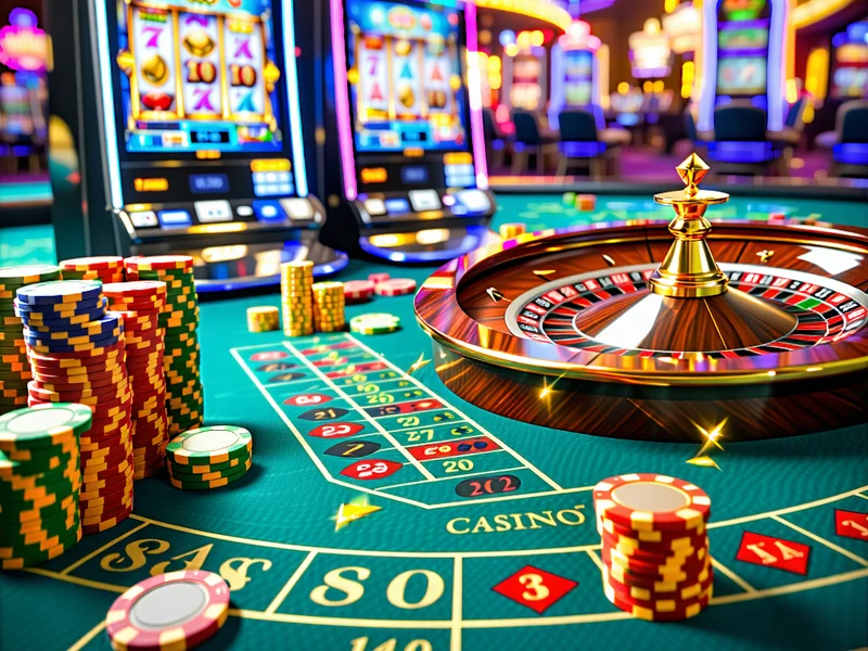Bộ sưu tập các trò chơi sòng bạc trực tuyến như máy đánh bạc, baccarat, roulette, với đồ họa bắt mắt và chip cờ bạc.
