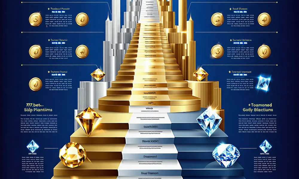 Minh họa chi tiết các cấp độ VIP của 777bet, với biểu tượng thăng cấp và lợi ích tương ứng, thiết kế hiện đại và sang trọng.